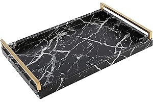 WV Großes Serviertablett aus Kunstleder, Marmor-Finish, dekoratives Tablett, Couchtisch, Ottoman-Tablett, Schwarz, 45 x 30 cm