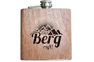 PIXELSTUDIO Der Berg ruft - Holz Flachmann! Geschenk Idee zum Wandern Klettern Bergsteiger Ski Fahrer Urlaub für Männer und Frauen