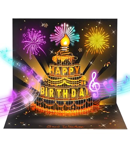 Carte Anniversaire Musicale Pop-Up 3D Lumineuse - Gâteau Bougie Soufflable Avec Feux D'Artifice Et Chanson