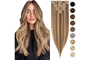55cm - Silk-co Clip in Extensiones de Cabello Humano Hair Extension Peluca Postiza Lisa Recta 75g 100% Remy Human Hair 8 Piezas 18 Clips Pelo Natural Hair Extension - 4P27# Marrón Medio y Rubia Oscuro