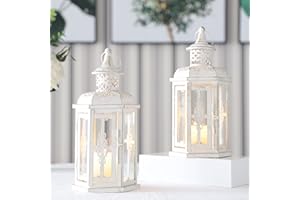 JHY DESIGN Zestaw 2 dekoracyjnych lampionów o wysoko?ci 25 cm w stylu vintage, metalowy ?wiecznik, ogrodowe lampiony do u?ytku wewn?trz i na zewn?trz, na balkon, prezent (bia?e ze z?otym p?dzlem)