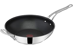 Tefal Jamie Oliver Cook's Classic E30688 - Wok 30 cm, rivestimento antiaderente, sicuro, segnale termico, manico in silicone rivettato, adatto a induzione, in forno e acciaio INOX