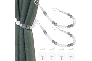 OCIOLI 2 alzapaños de Cortina de Cuentas de Madera Estilo Bohemio para Cortinas de Pared, alzapaños de Cortina con Ganchos para decoración Bohemia decoración (Blanco, Gris, Madera, 2)