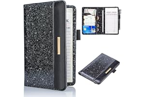 DMLuna Server Book for Waitress, PU Leather Guest Note Pads Checks Organizer, Money Holder for Cash, Checkbook, Cute Serving Pocket Pouch, Waitstaff Wallet, Fit Apron, Glitter Black