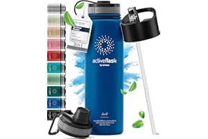 Trinkflasche Edelstahl ACTIVE FLASK + Strohhalm (3 Deckel) BPA-frei, Auslaufsicher, Kohlensäure geeignet - Wasserflasche Fahrrad Thermosflasche Isoliert Isolierflasche Sport Wasser Flasche Kinder Tee