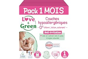 Love & Green - Pannolini per neonati sani ed ecologici - Taglia 1 (2-5 Kg) - Confezione da 1 mese (138 strati) - Assorbente, anti-perdite e senza ingredienti indesiderati