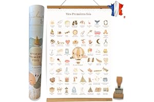 TIPICHOU Affiche mes premières fois à tamponner Cadeau naissance bébé fille garcon, boite souvenir parents, femme enceinte jeune maman (COFFRET Affiche A2+Cadre baguette+Tampon)