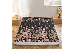 Maxyoyo Materasso futon, materasso da pavimento giapponese, trapuntato, extra spesso, pieghevole, traspirante, letto per gli ospiti, letto da campeggio (nero, floreale, singolo)
