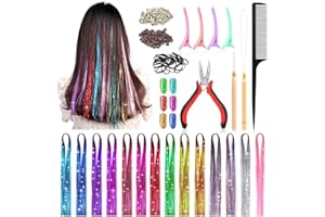 MODACRAFT 14 Colors 3000 Strands Hair Tinsel Extensions, 47 Inch Glitter Hair Extension Fairy Hair Tinsel Strands Kit, Holographic Dazzle Colour Straight Hair Extensions for Women Girls Party Cosplay