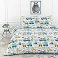 LORETO - A QUALITY LINEN BRAND 100% Cotton King Size Bedsheet with 2 Pillow Covers - Bubblegum Blue Bus & Banana Yellow Cars, Soft & Breathable 144 TC Fabric, Perfect for King Beds