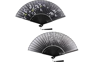 KEYIDO 2 wachlarze ręczne z bambusa, czarny, jedwabny materiał, chiński, japoński wachlarz ręczny z frędzlami, dla kobiet, na wesele, dla gości, dzieci, dziewcząt, na lato, 2 sztuki