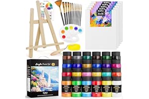 Nicpro Acrylic Paint Canvas Set for Adults, 46PCS Art Painting Supplies Kit for Adults with 24 Paints(36ML), Table Wood Easel, 5 Canvas Panels, 12 Brushes, Paper Pad, Palette for Kids Artist Beginner