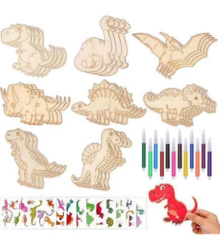 FYSL Kit De 40 Dinosaurios De Madera Para Pintar – Manualidades DIY Con 12 Lápices De Colores Y 4 Tatuajes, Regalo Creativo Para Niños Y Niñas
