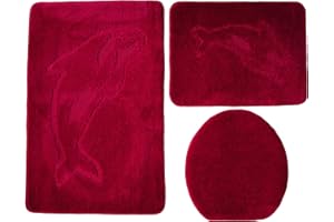 Ilkadim Delphin Badgarnitur 3 TLG. Set 55x85 cm einfarbig, WC Vorleger ohne Ausschnitt für Hänge-WC (Bordeaux)