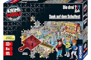 ‎KOSMOS Die drei ??? Kids - Krimi Puzzle - Spuk auf dem Schulfest von KOSMOS 697983, Leuchtet im Dunkeln, 200 Teile, Lesen, Puzzeln, Rätsel lösen, Detektiv Puzzle für Kinder ab 8 Jahre