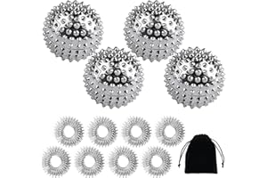 WELHAEPI 4 Stück Igelball Massage + 8 Stk Akupressur Ring Finger, Skills Borderline Set, Magnetic Acupressure Balls, Magnetische Spiked Massage Ball, Igelbälle Massageringe für Stress Relief