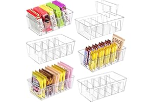 Puricon Paquete de 6 Contenedores de Almacenamiento de Alimentos, Organizador Apilable para Despensa, Cocina, Nevera con Separadores Extraíbles y 5 Compartimentos de Plástico -Transparente