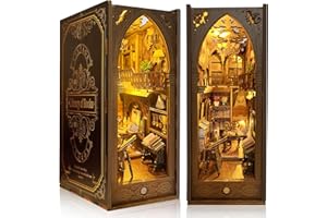 Book Nook Kit DIY Dollhouse Booknook, MOJINO DIY Miniature Kit for Bookshelf Insert Decor Crafts for Adults Teens, 3D Wooden Puzzle Bookends with Sensor Led Light (Library of Books)