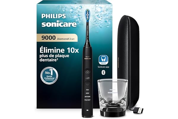 Philips Sonicare DiamondClean 9000 - Brosse à dents électrique avec application, capteur de pression, 4 modes de brossage, 3 niveaux d'intensité, verre de charge, coffret voyage USB, noir, HX9911/09
