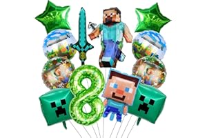 JEXHBFD Geburtstag Deko für Jungen Gamer, 8 Jahre Kinder geburtstag Luftballon deko, 12 Stück enthält Charakter, Runde Folien, Pentagramm, Zahlen, Quadrat, Schwert ballon, Geeignet für Jungen und Mädchen