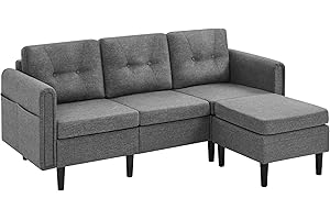 Yaheetech Fabric Sectional Sofa with Ottoman, L-shaped Sofa Couch with Side Pockets or Small Spaces, Reversible 3-Seater Chaise Lounge for Living Room, Home Office, Polyester Fabric, Light Gray