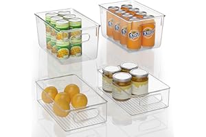 FINEW Set di 4 organizer impilabile per frigorifero, 2 grandi/2 medie, contenitore per congelatori, piani di lavoro della cucina e armadi, scatola di plastica trasparente, senza BPA