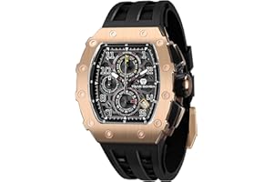 TSAR BOMBA Montre de Luxe Homme Etanche 50M Tonneau Analogique Chronometre Squelette Carrée Grand Cadran Plongee Sport Montres Mouvement Japonais Bracelet Silicone Miroir Saphir Lumineux