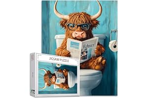 TUCOCOO Tucoco Store Puzzle de vache des Highlands avec journal assis sur un siège de toilettes 1 000 pièces, pour adultes, puzzle de bricolage coloré pour la décoration de la maison, jeu difficile pour les