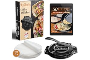 Tortillada – Presse à Tortillas de Première Qualité en Fonte + E-Book de Recettes + 100 x Papier Parchemin (25 cm)