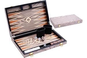 Engelhart – 250542 – Deluxe 15-inch Backgammon Set with Varnished Ebony Wood Veneer – Grey – Metal Closure – Pearly Dice, Chips, and Wooden Cups Included – 2 Players – Game Rules Included – Ages 6+