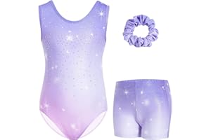 Gogokids Ensemble de Gymnastique Sans Manches pour Filles en Trois Pièces avec Short, Tenues de Gymnastique Scintillantes pour Enfants avec Strass et Design Croisé, Combinaisons Ballet pour âge 3-12