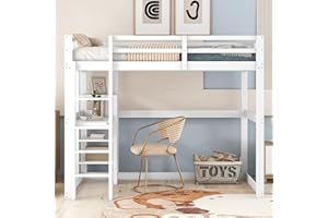 KECDUEY Letto a soppalco 140 x 200 cm, con vano portaoggetti, letto matrimoniale, letto per bambini, completamente in pino, con 4 ripiani e una scrivania (bianco, 140 x 200 cm)