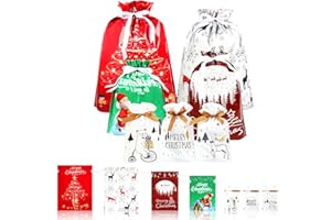 ONBAGLST Weihnachtsbeutel mit Kordelzug, 45 Stück Weihnachtsverpackungstaschen in großen, mittleren und kleinen Größen für Feiertagsgeschenke