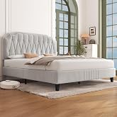 Yaheetech Velvet Upholstered Bed Double Bed 160&times;200cm Beige | Height Adjustable Headboard Metal Bed Frame with Wooden Slats f