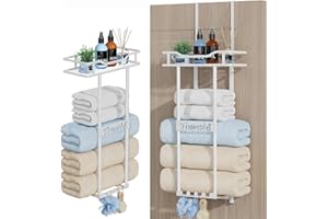HapiRm Over Door Towel Rack - Towel Rack Wall Mounted with Metal Shelf Basket and Hooks, Space-Saving Bathroom Towel Storage, Multi-Functional Bathroom Accessories, White