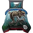 Jurassic World Dominion Blue Velociraptor and Rexy T-Rex Super Soft Microfiber Reversible Comforter, Twin Size, Bedding by Franco Kids