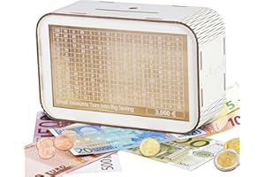 LOVLEY Tirelire Japonaise 3000 Euros en Bois - Tirelire Économie Réutilisable avec Marqueur - Tirelire Magique pour Adultes - Blanc (Motif Pièces de Monnaie)