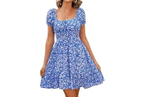Livonmone Womens Summer Casual Sweetheart Neckline Puff Sleeve Floral Print High Waist Dress Boho Beach Mini Short Dresses