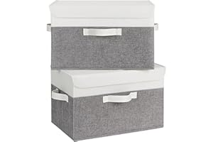 GRANNY SAYS Storage Boxes with Lids, Pack of 2 Decorative Storage Boxes with Lids for Shelves, Lidded Fabric Baskets for Organising Clothes, Pretty Wardrobe Organiser, White&Grey, 40 x 26 x 25.5 cm