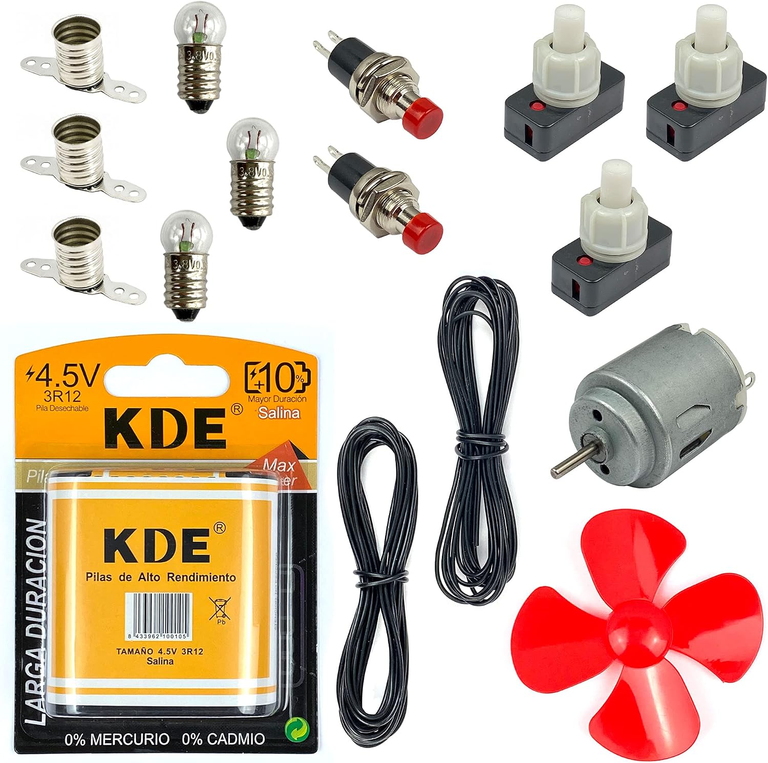 InputMakers Kit Eléctrico Escolar Intermedio - Set para Circuito de Electricidad, Material para Manualidades con Motor eléctrico y Pila petaca.
