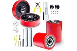 CARBO GLIDE Pallet Jack/Truck Full Set RED with Axles, Steering Wheels 7"x 2" Pair, Front Load Roller 3" x 3.75" Pair with Bearings ID 20mm Poly Tread Red, Entry Exit Roller and Protective Caps