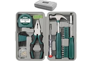 Kit d'outils manuel compact Hi-Spec 25 pièces vert pour bricolage à domicile et au bureau. Kit de démarrage d'outils de base pour réparations domestiques dans une boîte à outils portable