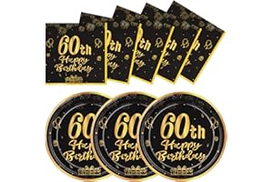 LAWALEISHE 60th Happy Birthday Paper Plates and Napkins, Black Gold 9" Disposable Strong Plates for Parties, 48pcs Party Tableware Set 24 Guests, Birthday Supplies for Table Decorations