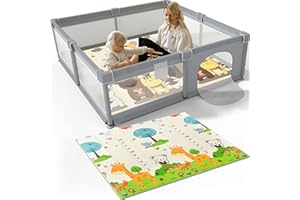OSIMIG Baby Playpen for Baby and Toddlers, Baby Play Pen with Mat, Extra Large Playpens 180x200x65cm, Toddler Fence Safety Play Yard with Anti-Collision Foam Breathable Mesh Zipper Door