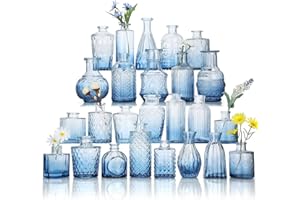 VIYMGIT Glass Bud Vase Set of 25, Mini Blue Bud Vase for Centerpieces in Bulk, Small Vintage Flower Vases for Weddings Parties Home Table Decorative