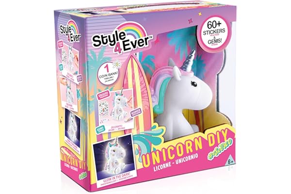 Canal Toys - Style 4 Ever - Licorne à Customiser pour Enfants - Idée Cadeau Enfant 6 Ans+ - Activité Manuelle - Loisirs Créatif - Licorne Tirelire - Brille dans le Noir - 60 Stickers - OFG 106