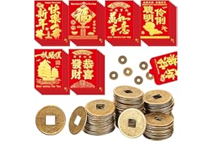 NEZYO 36 Stück Chinesisches Neujahr Rote Umschläge mit 40 Stück Chinesische Glücksmünzen Feng Shui I-Ching Münzen und Hong Bao Paket für Glück Gesundheit und Reichtum zum Frühlingsfest Mitgebsel