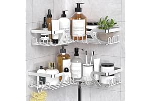 Kegii Shower Caddy Corner with Soap Holder, 2 Pack Stainless Steel Shampoo Organizer, No Drilling Adhesive Corner Shower Shelf Bathroom Organizer for Bathroom, Silver