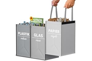 COTTARA® Mülltrennsystem 3fach Plastik, Glas, Papier | Starker Stand 4 Stabilisatoren | Idealer Mülltrenner, Pfandflaschen sammelbehälter, Recycling Behälter und Altpapier Sammelbehälter | Grau