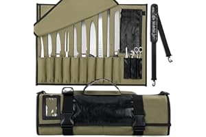 WISEPRO Chefs Knife Roll Bag, Heavy Duty Canvas & Leather Knife Case, Waterproof Knife Case with 10 Slots & 1 Detachable Storage Bag, for Home Kitchen Camping Hiking (Army Green)